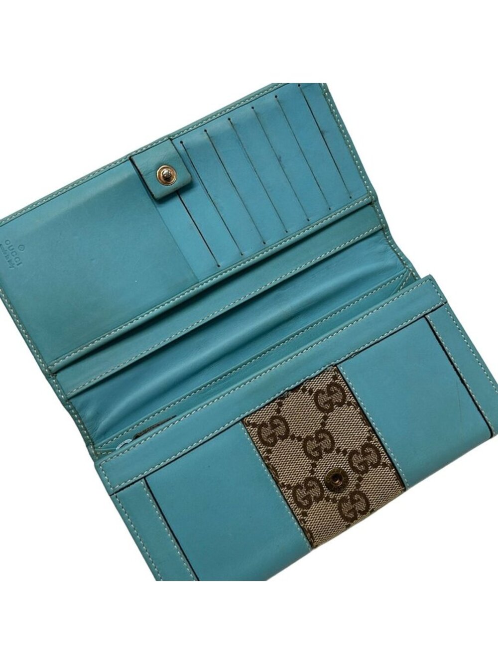 Gucci Wallet GG Pattern Light Blue Beige Dark Brown Leather - Picture 3 of 7